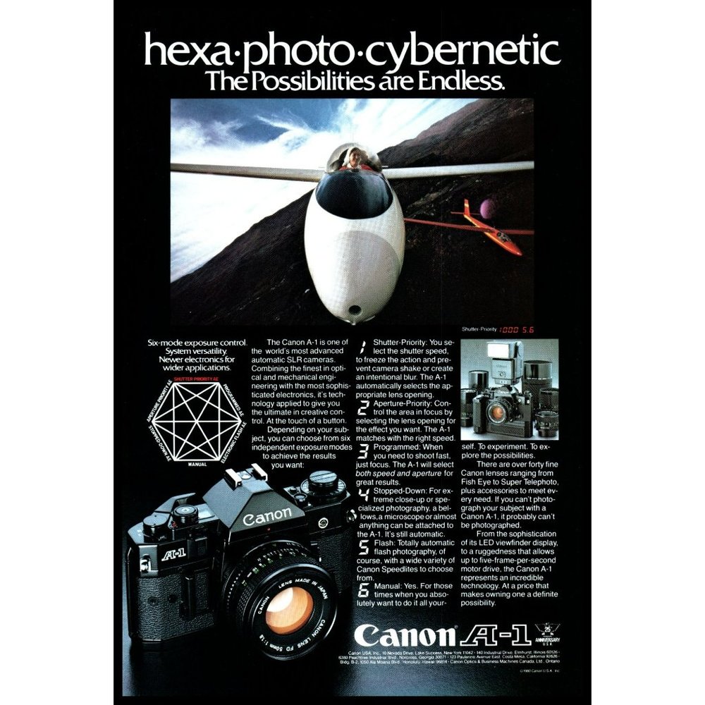 1980 Canon A-1 35mm Hexa Photo Cybernetic SLR Camera Vintage Print Ad Glider Art